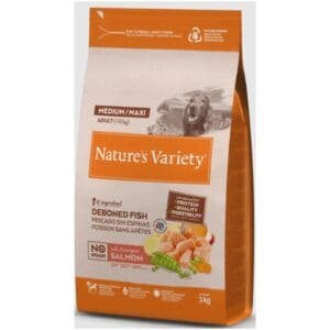 ALt: Comida para perros Nature's Variety con pescado, 3 kg, sin grano ni salmón, ideal para alimentación saludable.