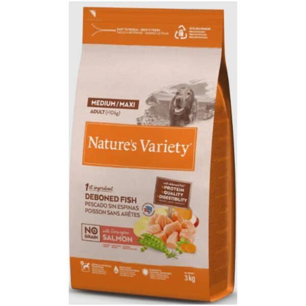 ALt: Comida para perros Nature's Variety con pescado, 3 kg, sin grano ni salmón, ideal para alimentación saludable.
