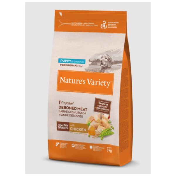 Nature's variety comida para perros cachorro 3kg, carne deshechada, pollo, alta calidad, digestibilidad, alimento natural para mascotas.
