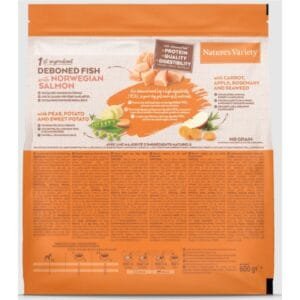 Deboned fish con salmon noruego, verduras y camote, comida natural para perros saludables, sin cereales.