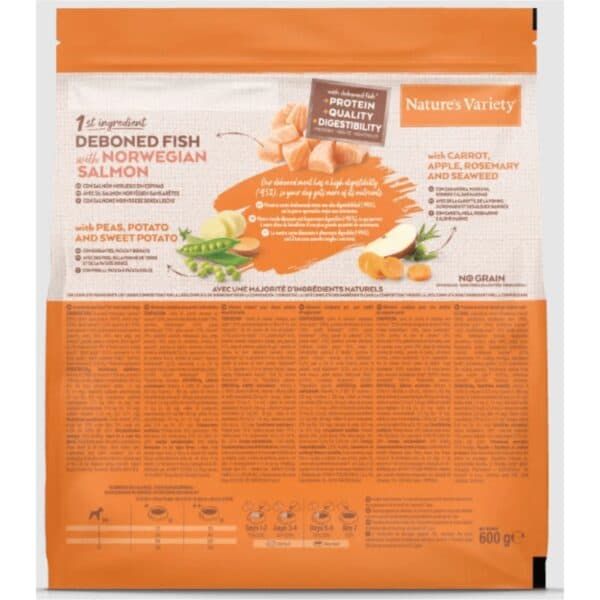 Deboned fish con salmon noruego, verduras y camote, comida natural para perros saludables, sin cereales.