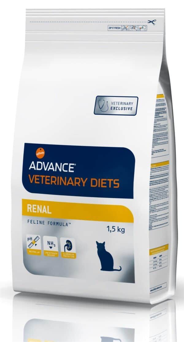 Alto texto: Comida para gatos veterinaria Advance Renal, dieta para felinos con problemas renales.