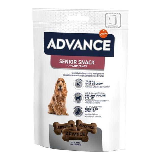 Advance Senior Snack para perros mayores 7+ años, fácil de masticar y saludable.