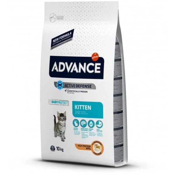 Advance alimentación para gatos gatitos de 10 kg con alto contenido en proteínas y protección infantil.