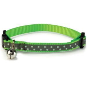 Collar para mascotas con campana verde y gris con puntos blancos, ideal para perros pequeños.