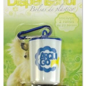 Alto text: dispensador de bolsas de plástico con clip y 2 rollos, ideal para mascotas.