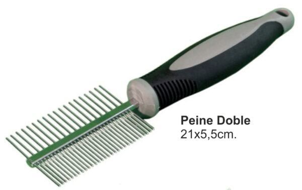 Alto texto: Peine doble para mascotas, 21x5,5 cm, herramienta de peluquería profesional.