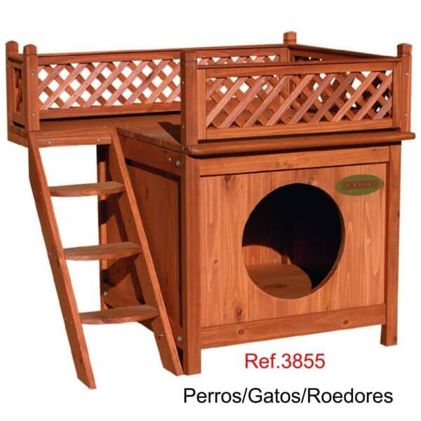 Caseta de madera para perros, gatos y roedores con terraza y escalera. Ideal para mascotas, resistente y decorativa.