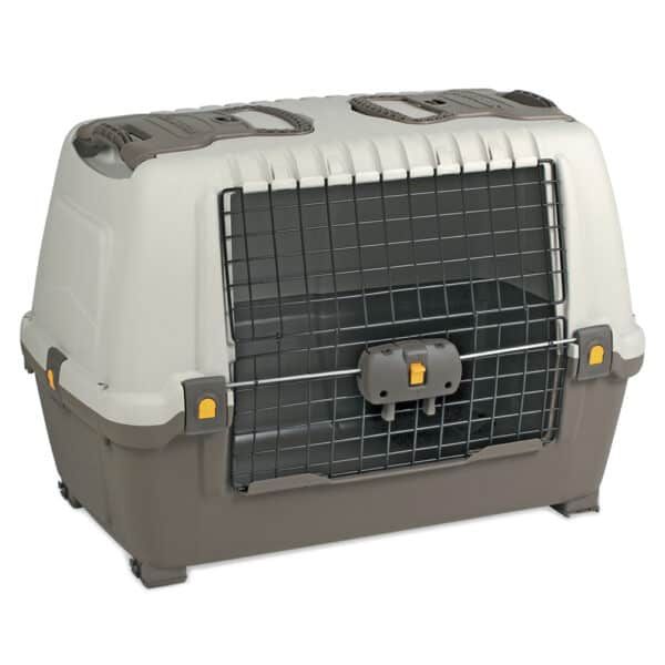 Bandeja para gatos y perros en transportín plástico y metálico, ideal para viajes seguros.