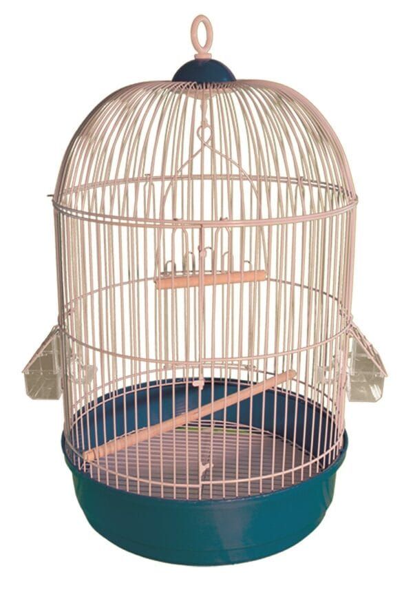 Cage para pájaros con base azul y estructura de metal rosa para aves pequeñas.