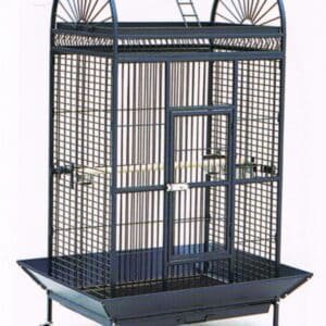 Puerta de jaula para aves, estructura metálica en color negro, con plataforma y ruedas.