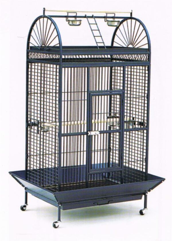 Puerta de jaula para aves, estructura metálica en color negro, con plataforma y ruedas.