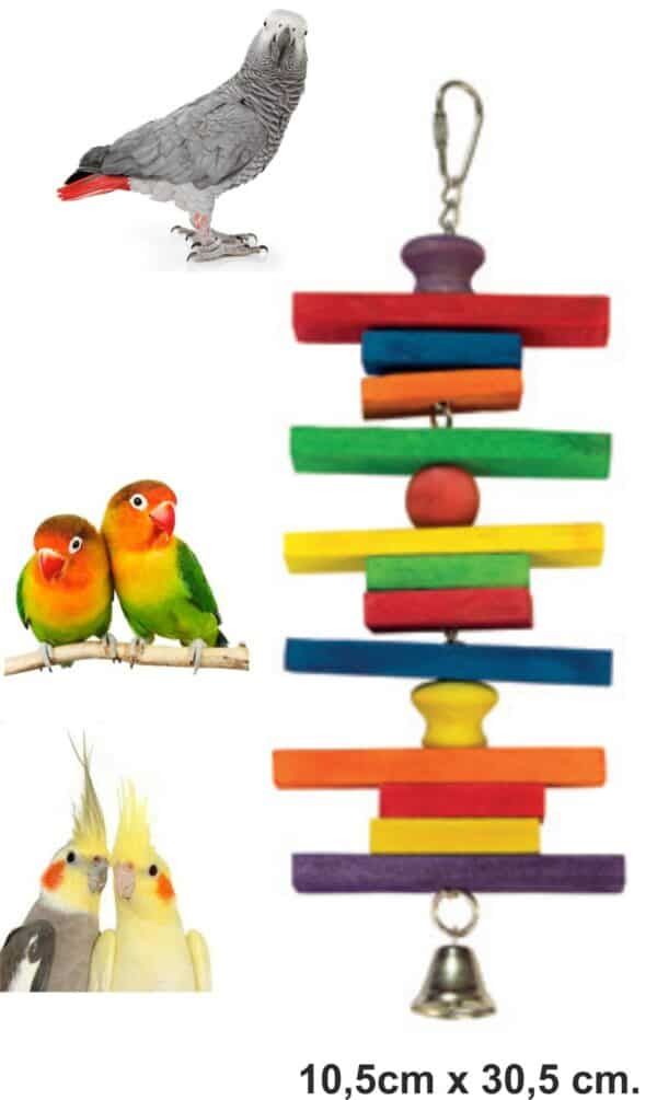 Colorido móvil de madera con periquitos, loros y cotorra, ideal para decorar y estimular a las mascotas.