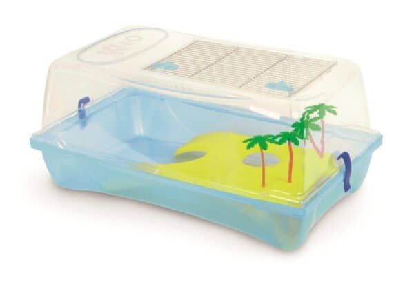 Caseta para hamster con decoración de playa y palmeras, ideal para mascotas.