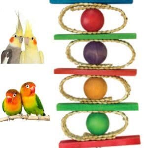 Colgador para aves y mascotas, diseño colorido y resistente, ideal para hamsters, con bolas y anillos para ejercicio y entretenimiento.