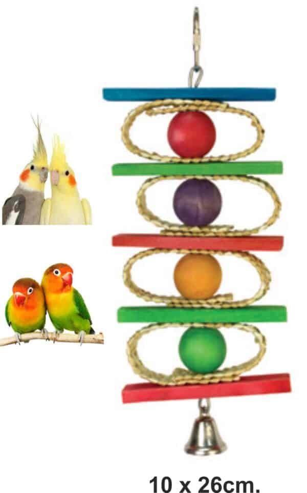 Colgador para aves y mascotas, diseño colorido y resistente, ideal para hamsters, con bolas y anillos para ejercicio y entretenimiento.