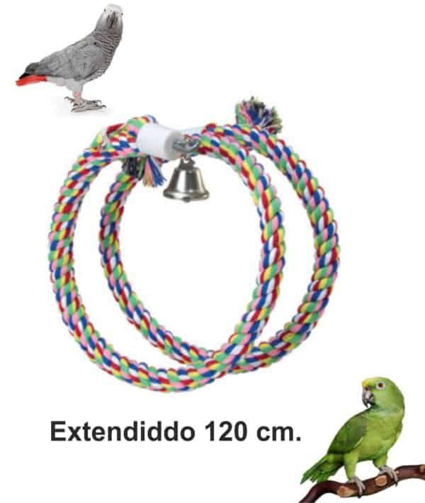 Cuerda de juego para aves de 120 cm con cascabel, ideal para loros y aves exóticas.