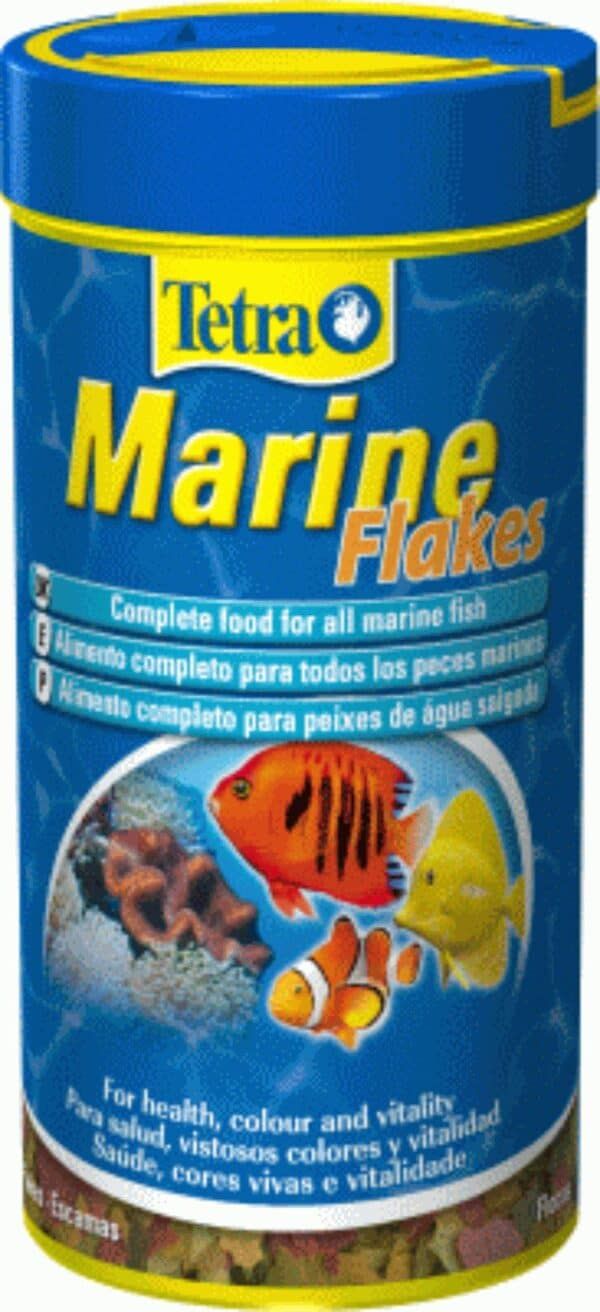 Tetra Marine Flakes alimento completo para peces marinos y acuarios, vitaminas esenciales.