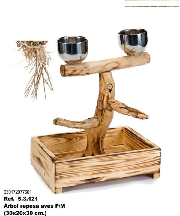 Rascador de aves de madera con comederos en acero inoxidable y base de madera natural.