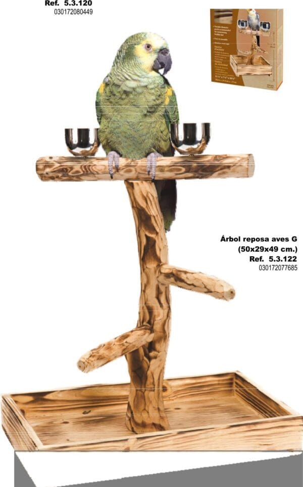 Columna de árbol con loro descansando en perchero de madera, ideal para mascotas y decoración.