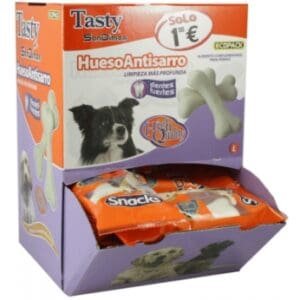 Snacks para perros en caja con hueso antiesarro y brillos fuertes, ideal para mascotas en tienda TodoMASKOTAS.