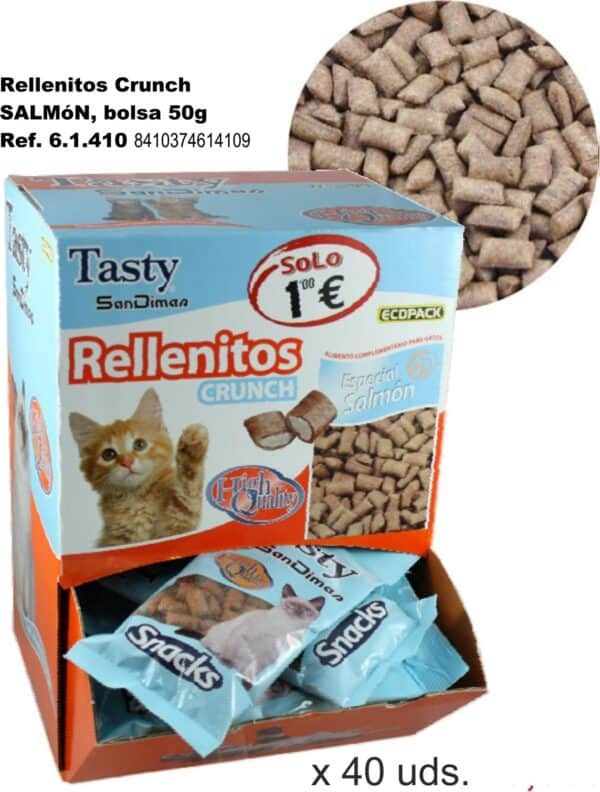 Rellinitos Crunch Salmón para gatos, bolsa de 50g, tienda online TodoMASKOTAS.