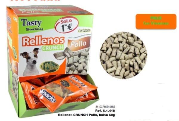 Rellenos crunch de pollo para mascotas, bolsita de 60g con vitaminas.