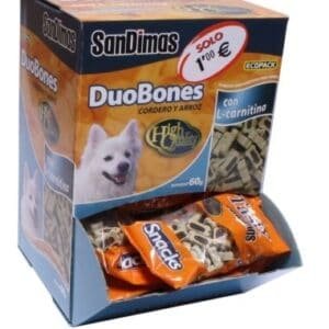 Snacks para perros SanDimas DuoBones con cordero y arroz, pack de 60g.