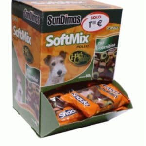 Suplemento para perros SoftMix Pollo con cártamine, caja con 2 bolsas de premios para mascotas.