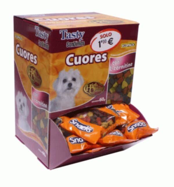 Dulces para perros Cuores con estratamina en caja con snacks y candies.
