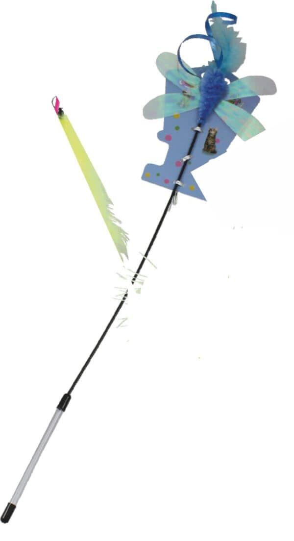 Varita mágica con mariposa de tela y lazo azul para disfraces infantiles, accesorios mágicos y fiestas temáticas.