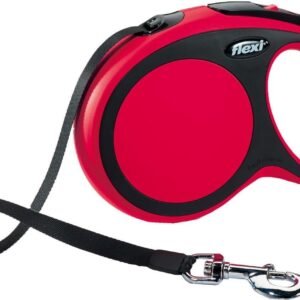 Correa retráctil para mascotas, color rojo y negro, accesorio de seguridad para perros y gatos.