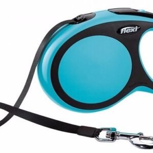 Correa de perro retráctil azul y negro con gancho metálico.