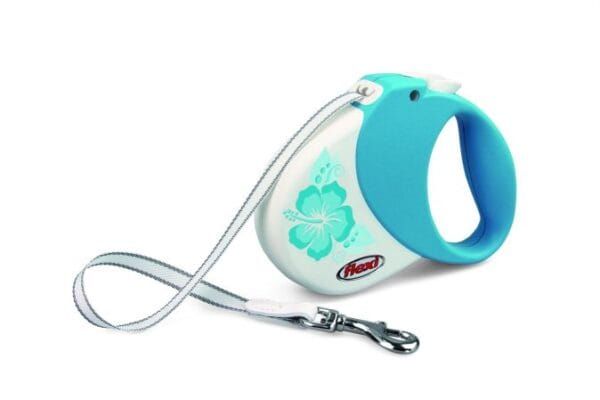 Cuerda para perro con arnés y botón de control, ideal para paseos seguros y cómodos.