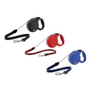 Correa retráctil para perros en colores negro, rojo y azul, ideal para paseos seguros y cómodos.