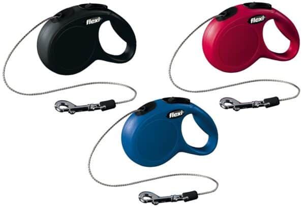 Cinta de perro retráctil Flexi en colores negro, rojo y azul con correa de seguridad y cierre resistente.