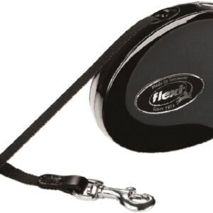 Cinta de medición retráctil negra con clip de acero y logo de Flexi, ideal para mascotas.