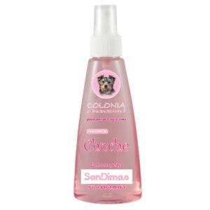 Colonia para perros y gatos SanDimas, fragancia dulce y agradable, ideal para mascotas, envase de spray en botella rosa.