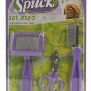 Juego de herramientas para mascotas en color morado, incluye cepillo, tijeras y rastrillo. Ideales para el cuidado y higiene de animales domésticos.