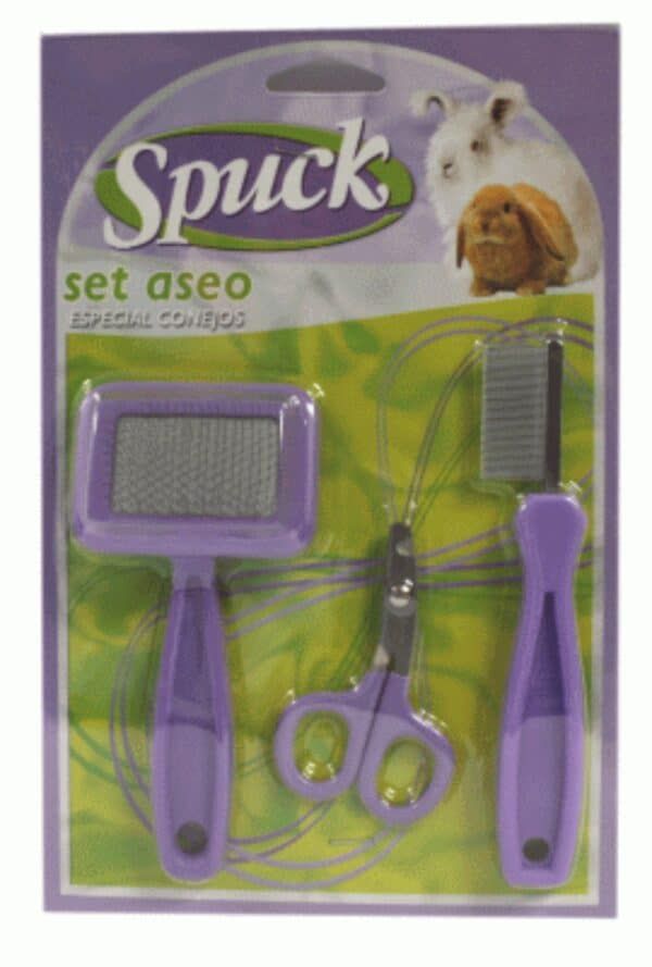 Juego de herramientas para mascotas en color morado, incluye cepillo, tijeras y rastrillo. Ideales para el cuidado y higiene de animales domésticos.