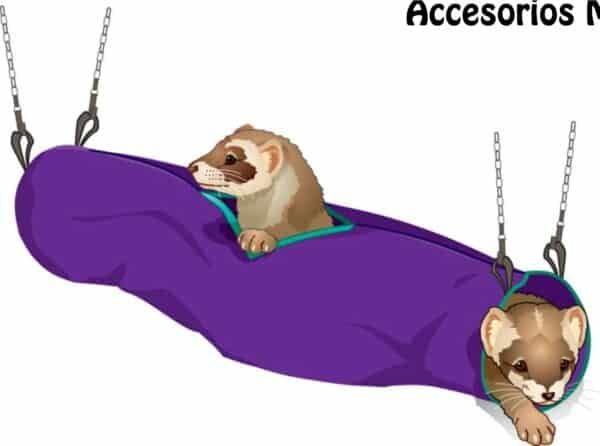 Colgador para mascotas con túnel en color púrpura y pequeños animales de peluche para gatos y perros.