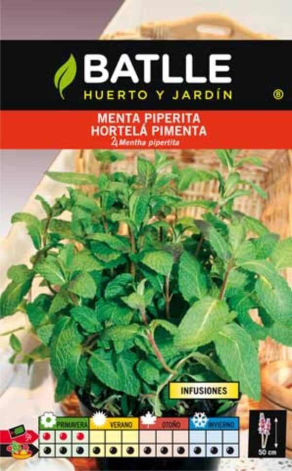 Menta piperta en envase de semillas para huerto y jardín, perfecta para cultivar en casa en todas las estaciones.