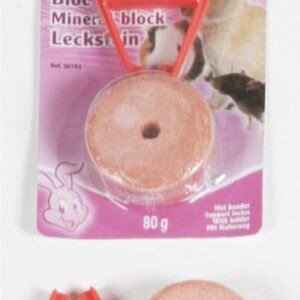 Mineral block para roedores y conejos de 80g, fácil de sostener con clip naranja para colgar.