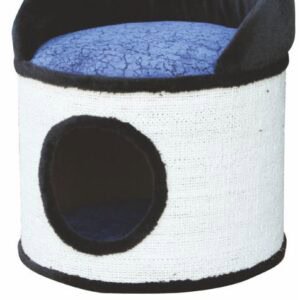 Cabaña para gatos con cama cómoda y resistente en color blanco y negro.