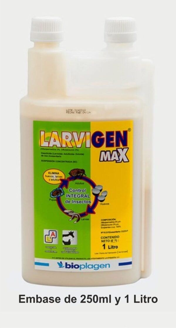 Larvigen Max insecticida control integral para insectos, en envase de 1 litro.