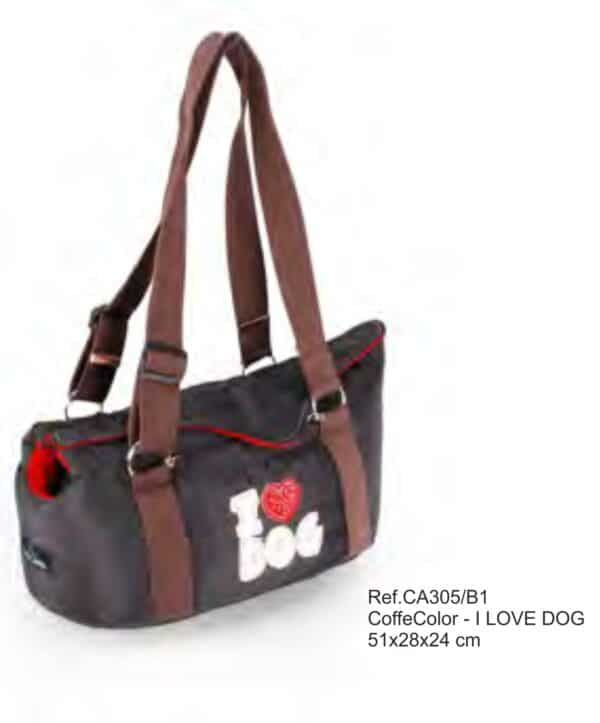 Bolso de messenger para mascotas con diseño Love Dog, ideal para paseos y viajes.