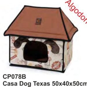 Alto textual: Caseta para perros Texas con diseño y puerta en tamaño 50x40x50cm.