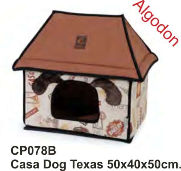 Alto textual: Caseta para perros Texas con diseño y puerta en tamaño 50x40x50cm.