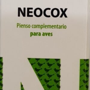 Suplemento para aves, pienso complementario Neocox con diseño de pájaros verdes.