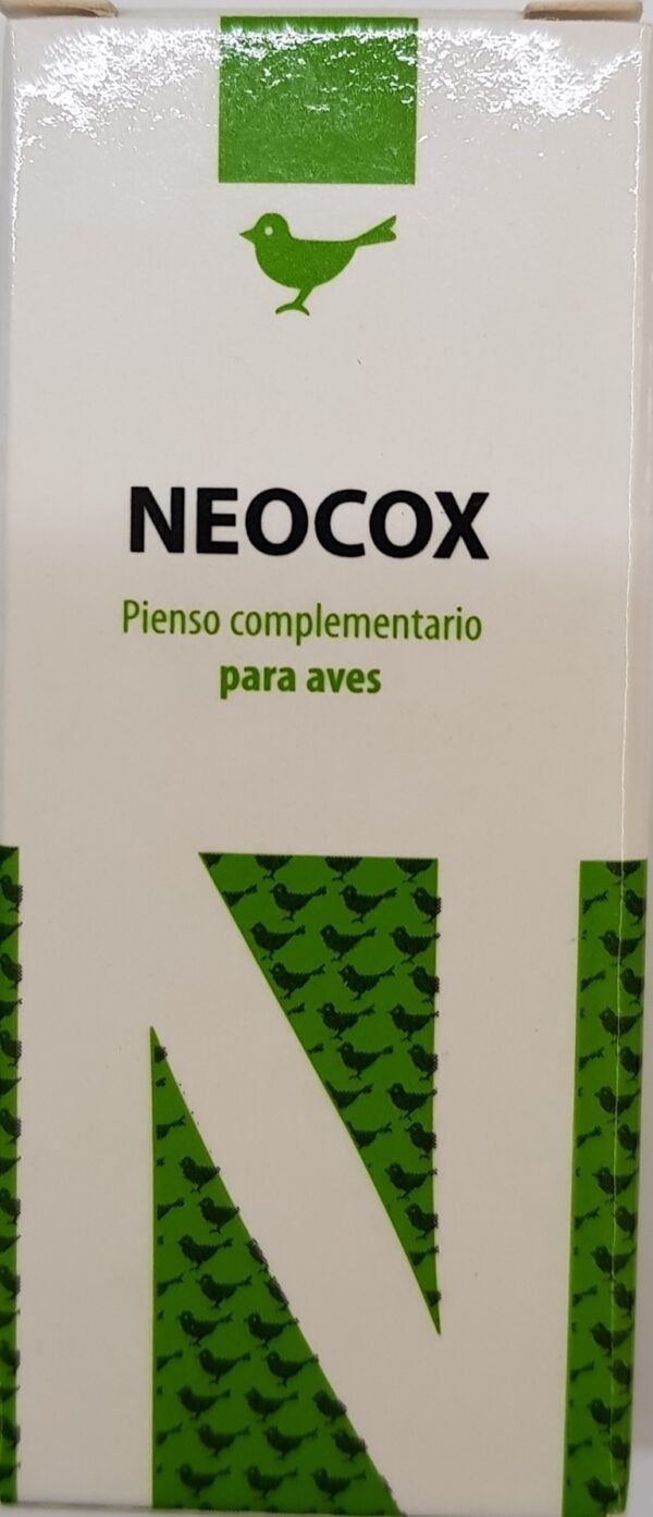 Suplemento para aves, pienso complementario Neocox con diseño de pájaros verdes.